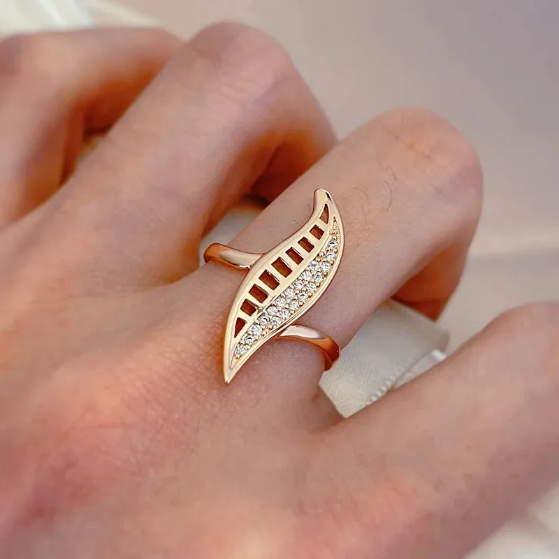 Elegant Leaf Shape Rolled 14K Rose Gold Micro Wax Inlay AAA Cubic Zirconia Diamonds Rings - Fashion Daily Jewelry