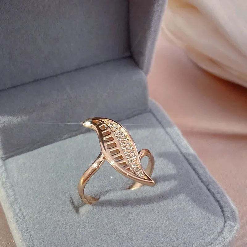Elegant Leaf Shape Rolled 14K Rose Gold Micro Wax Inlay AAA Cubic Zirconia Diamonds Rings - Fashion Daily Jewelry