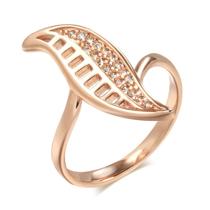 Elegant Leaf Shape Rolled 14K Rose Gold Micro Wax Inlay AAA Cubic Zirconia Diamonds Rings - Fashion Daily Jewelry