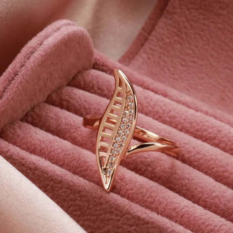 Elegant Leaf Shape Rolled 14K Rose Gold Micro Wax Inlay AAA Cubic Zirconia Diamonds Rings - Fashion Daily Jewelry