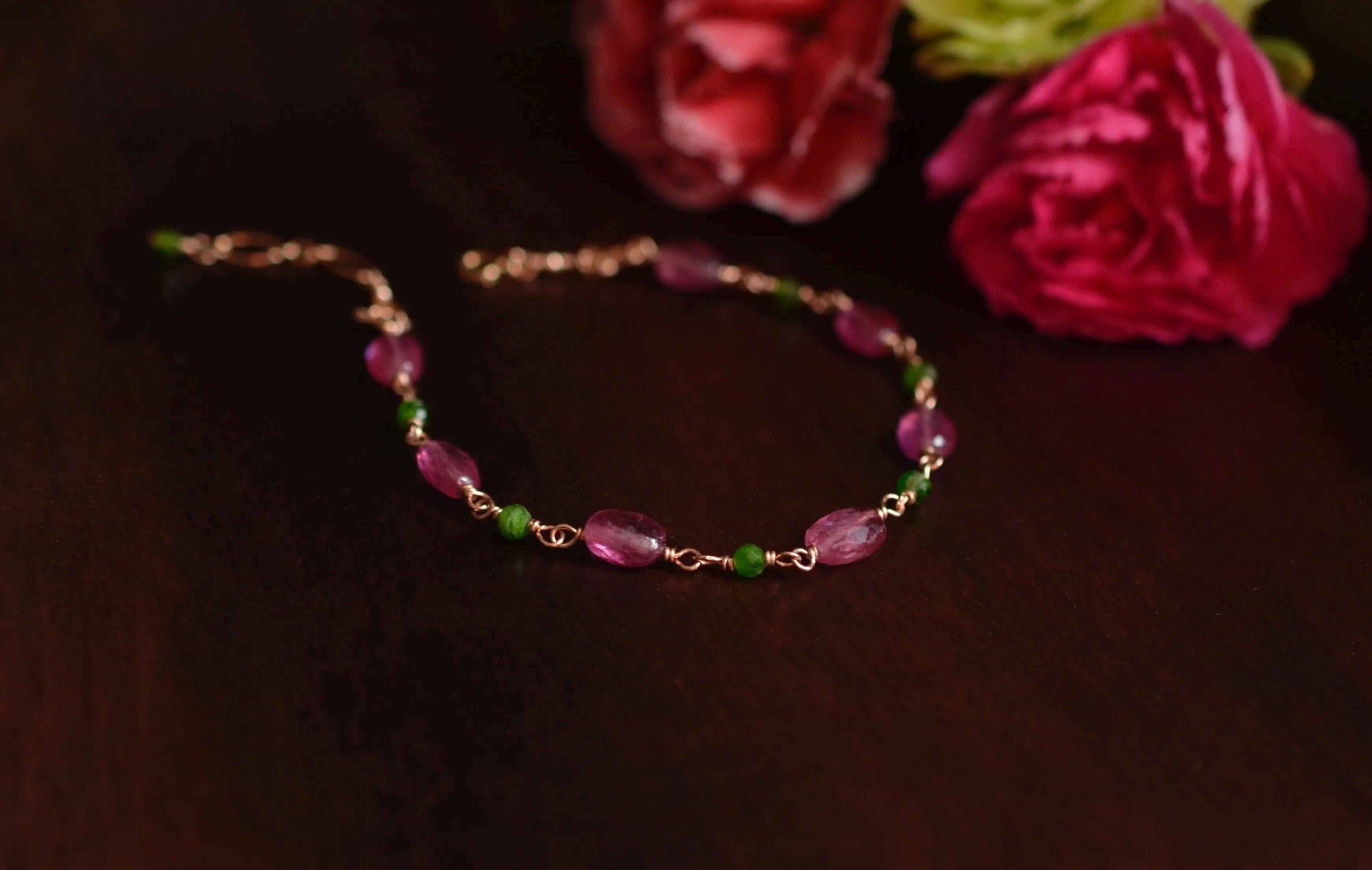 Eliana - Pink Sapphires, Chrome Diopside 14k Rose Gold Filled Bracelet