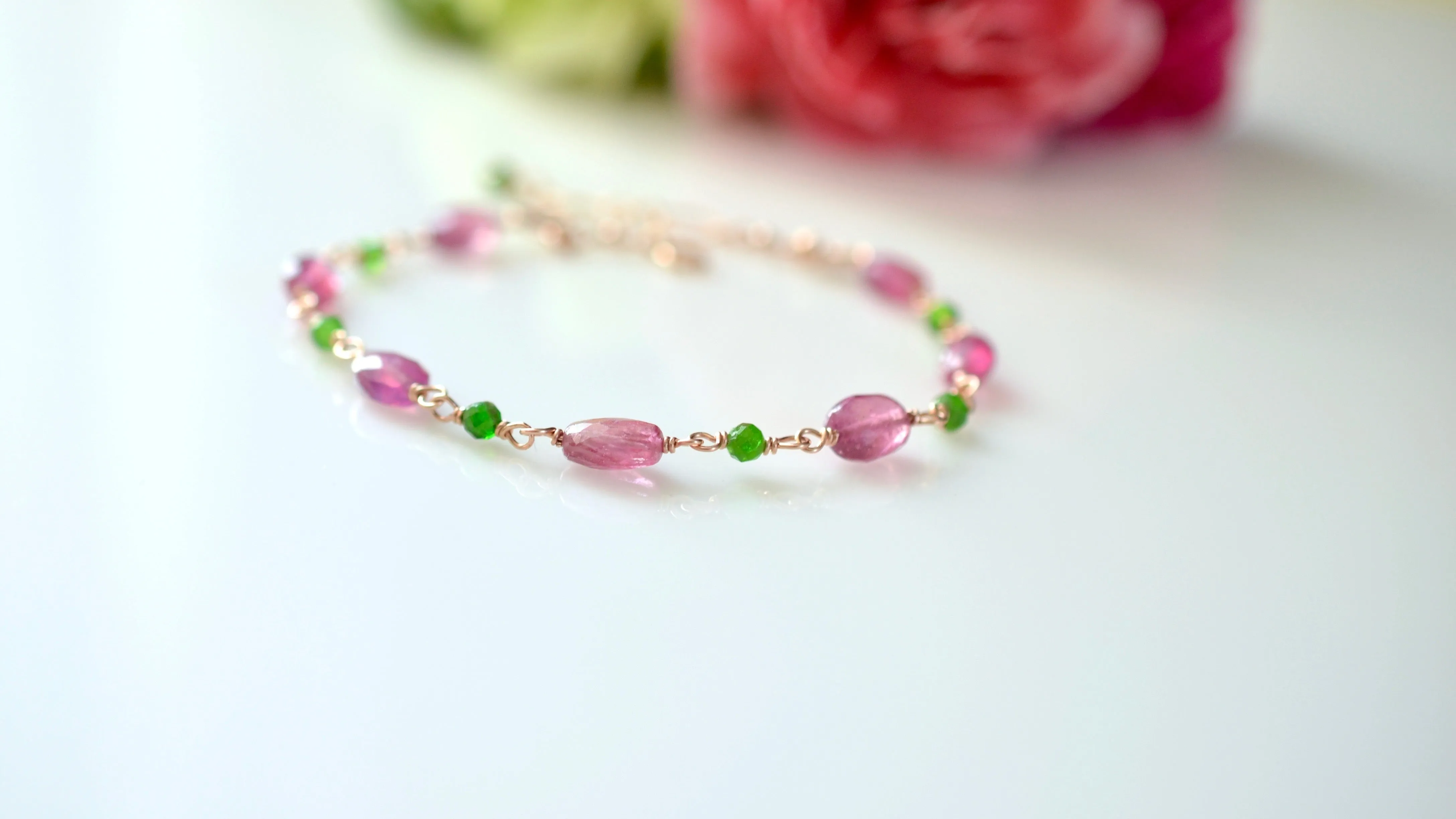 Eliana - Pink Sapphires, Chrome Diopside 14k Rose Gold Filled Bracelet