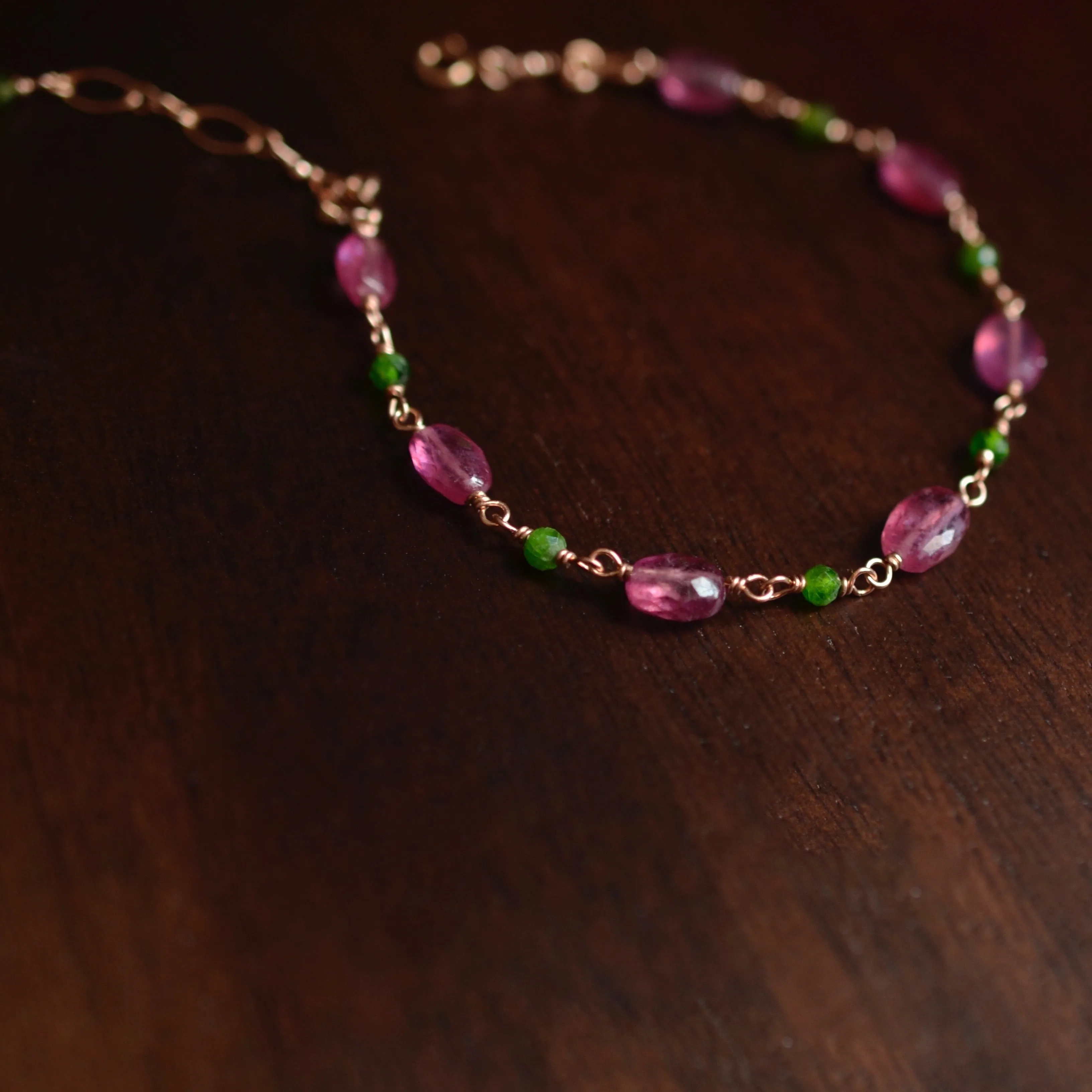 Eliana - Pink Sapphires, Chrome Diopside 14k Rose Gold Filled Bracelet