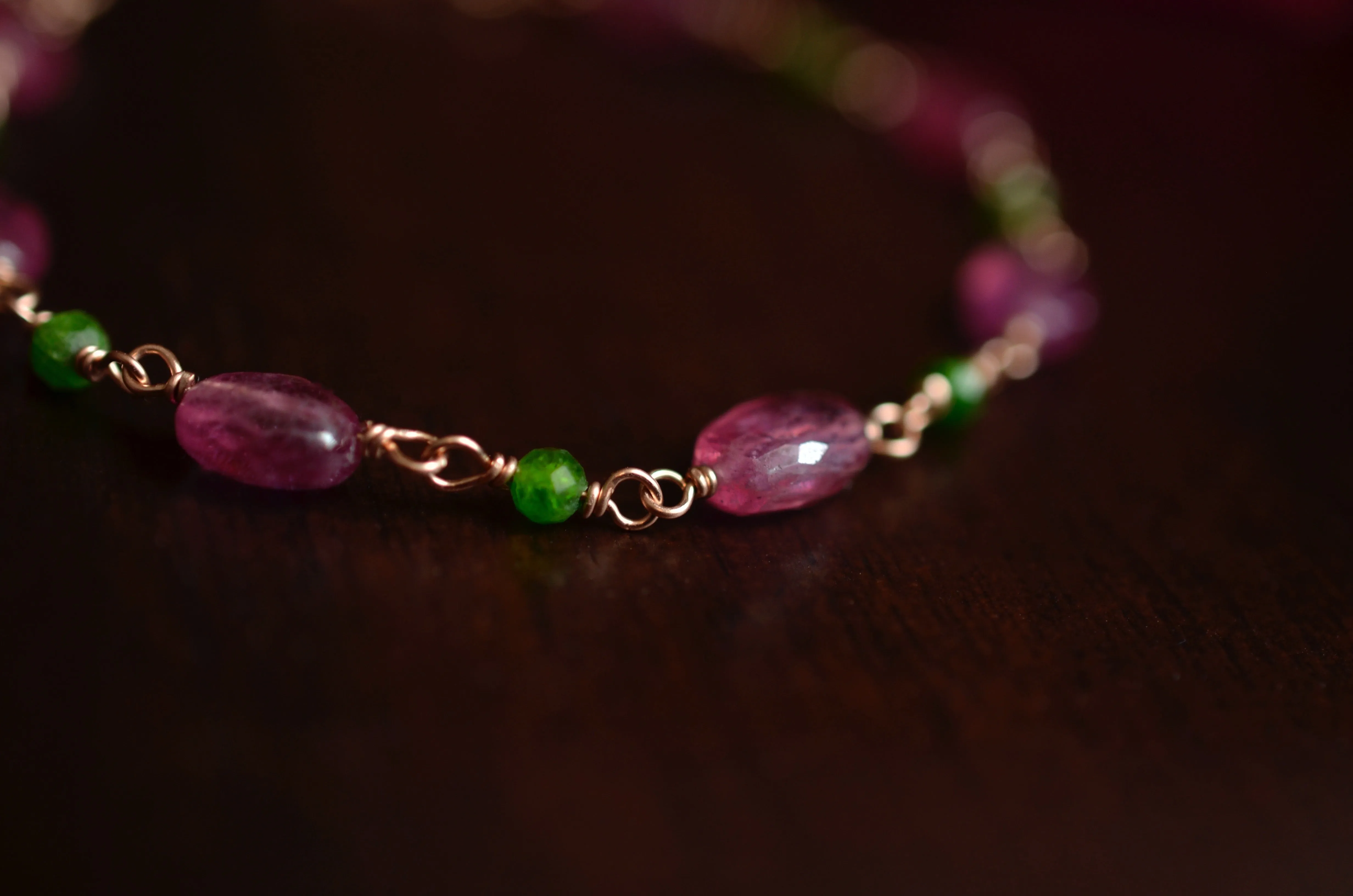 Eliana - Pink Sapphires, Chrome Diopside 14k Rose Gold Filled Bracelet