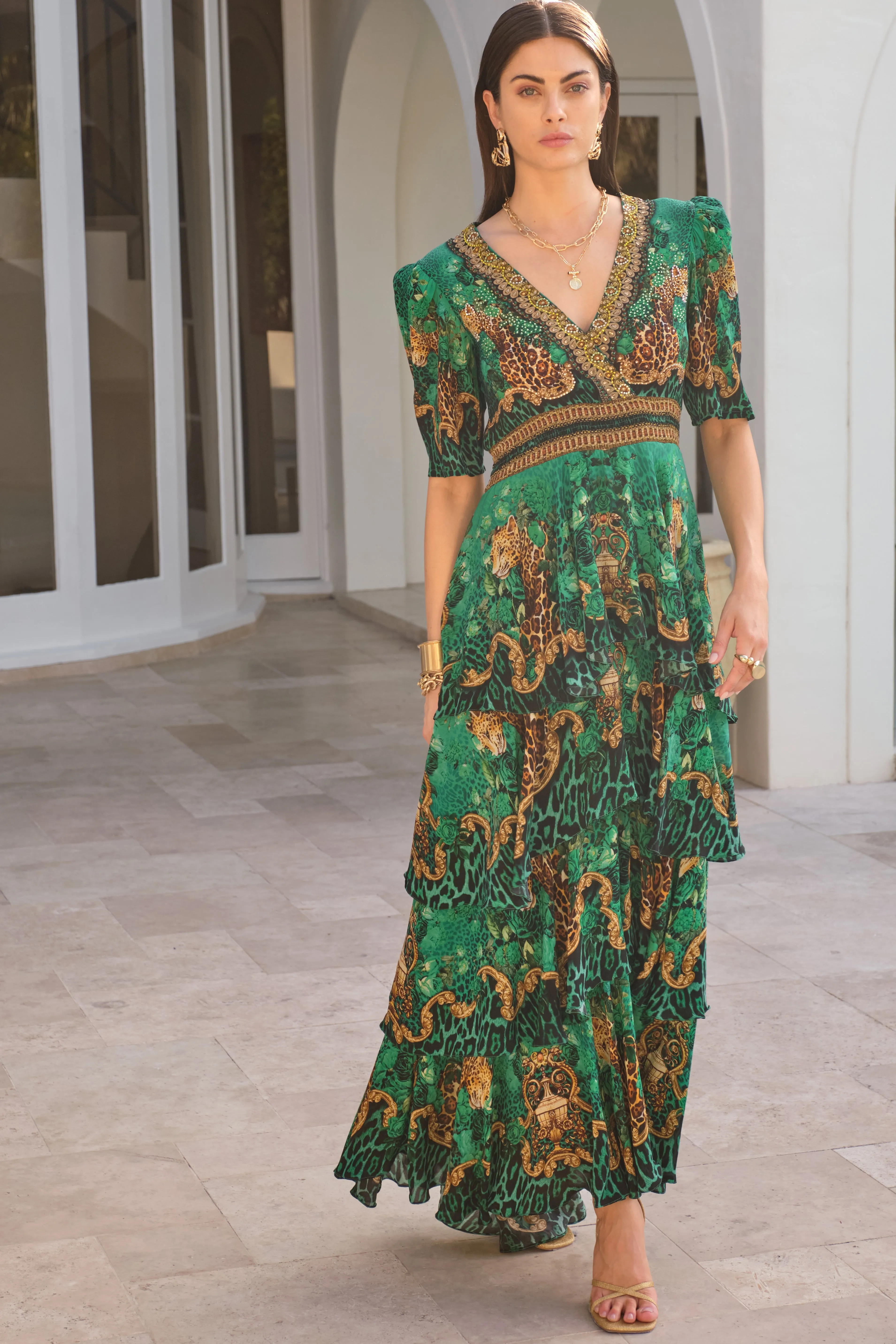EMERALD LEOPARDESS CROSS OVER MAXI DRESS