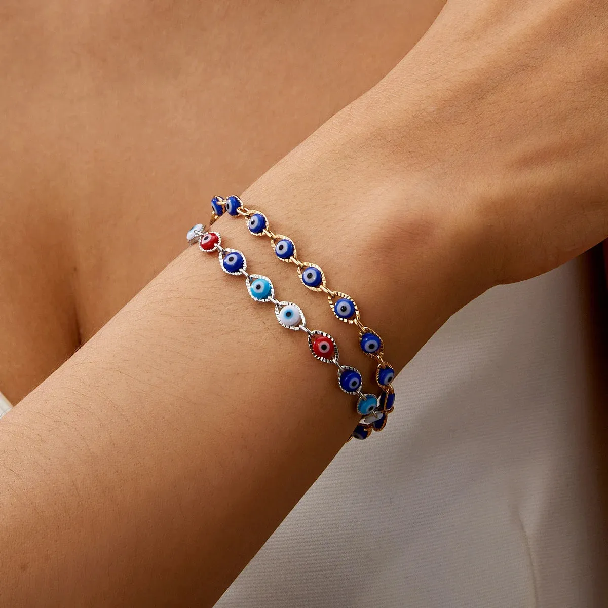 Exquisite Lucky Blue Evil Eye Beads Bracelets for Women Men Fashion Bead Silver Gold Color Metal Chain Adjustable Bangle Jewelry