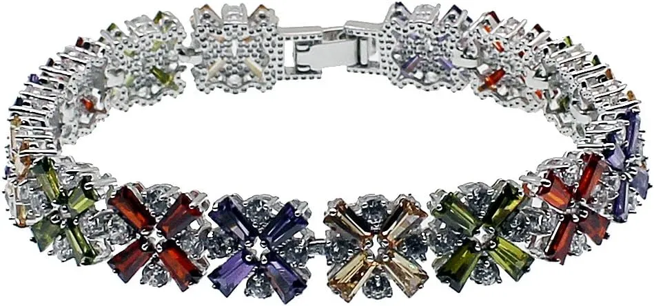 Fashion Jewelry Tennis Bracelet Garnet Emerald Amethyst Morganite Peridot White Topaz Plated Silver Bracelets 7 inch (Multi Gemstone)