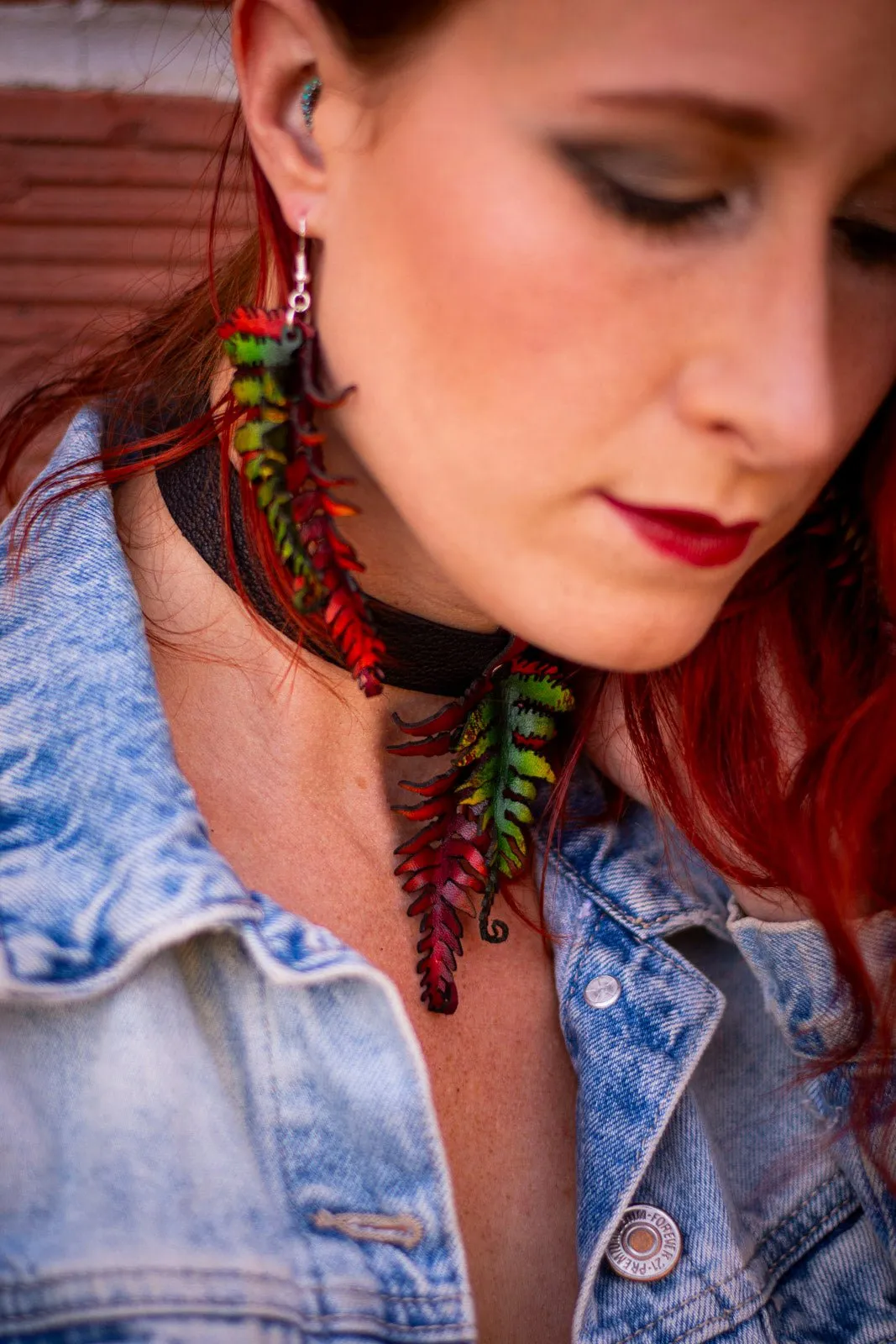 Fern Leather Earrings- Large Fall Tones