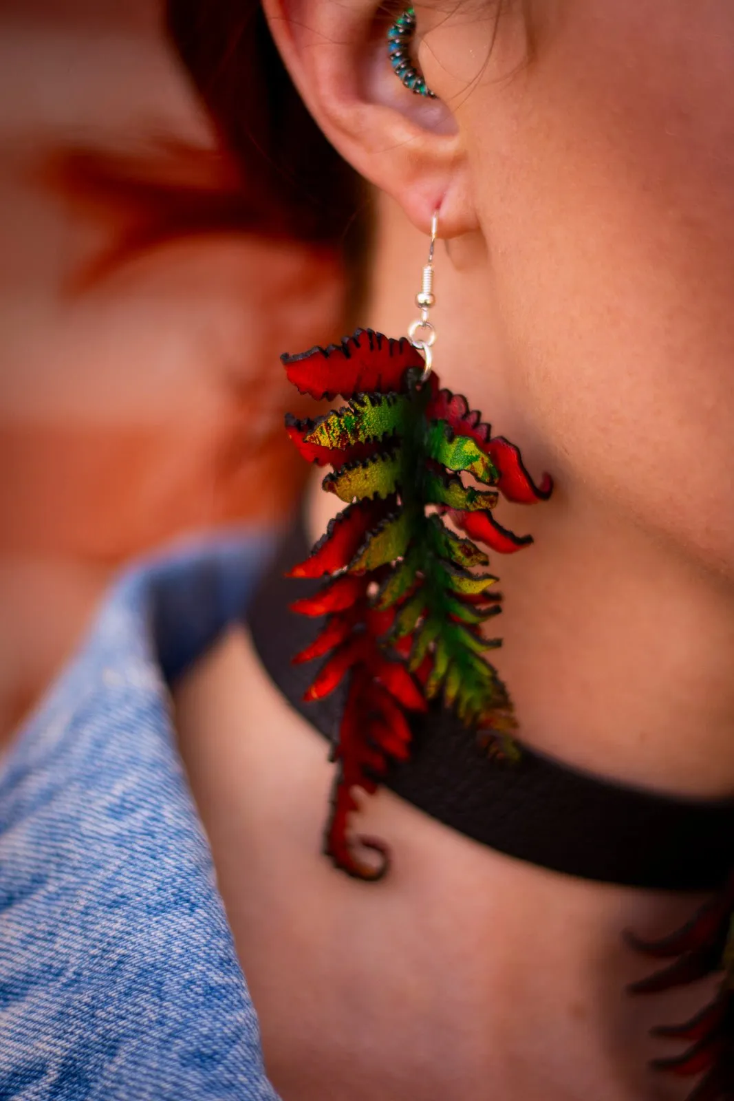 Fern Leather Earrings- Large Fall Tones