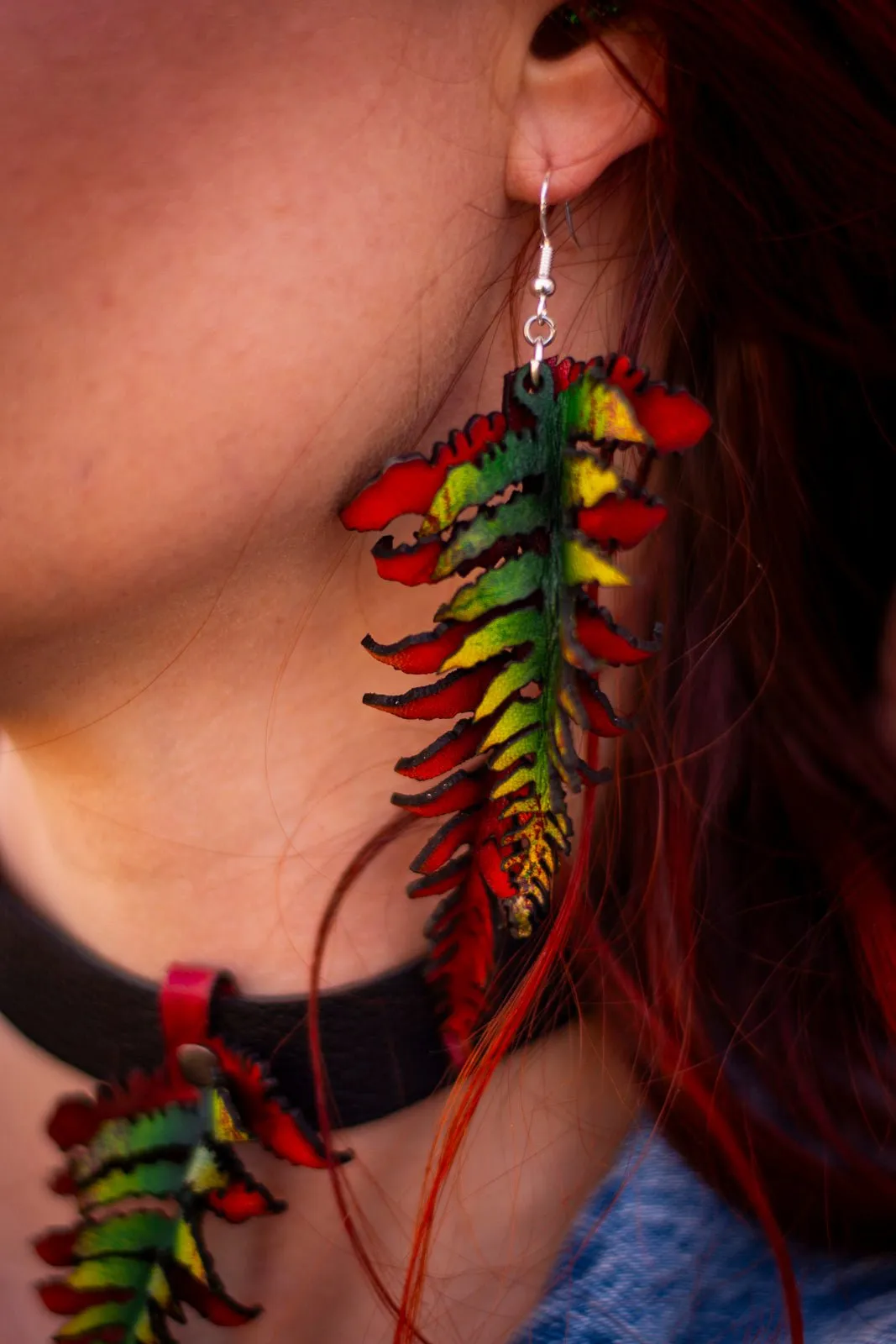 Fern Leather Earrings- Large Fall Tones