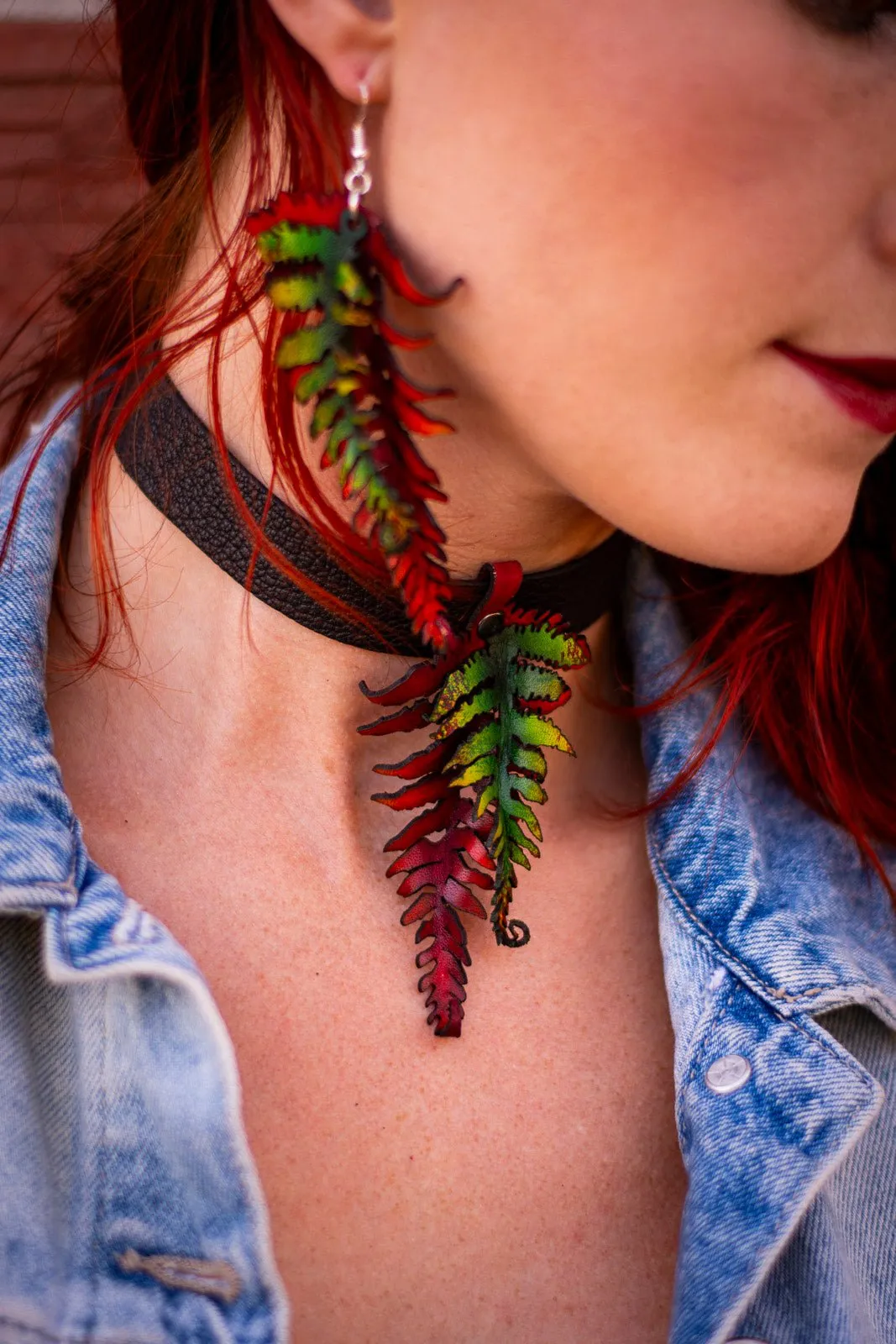 Fern Leather Earrings- Large Fall Tones