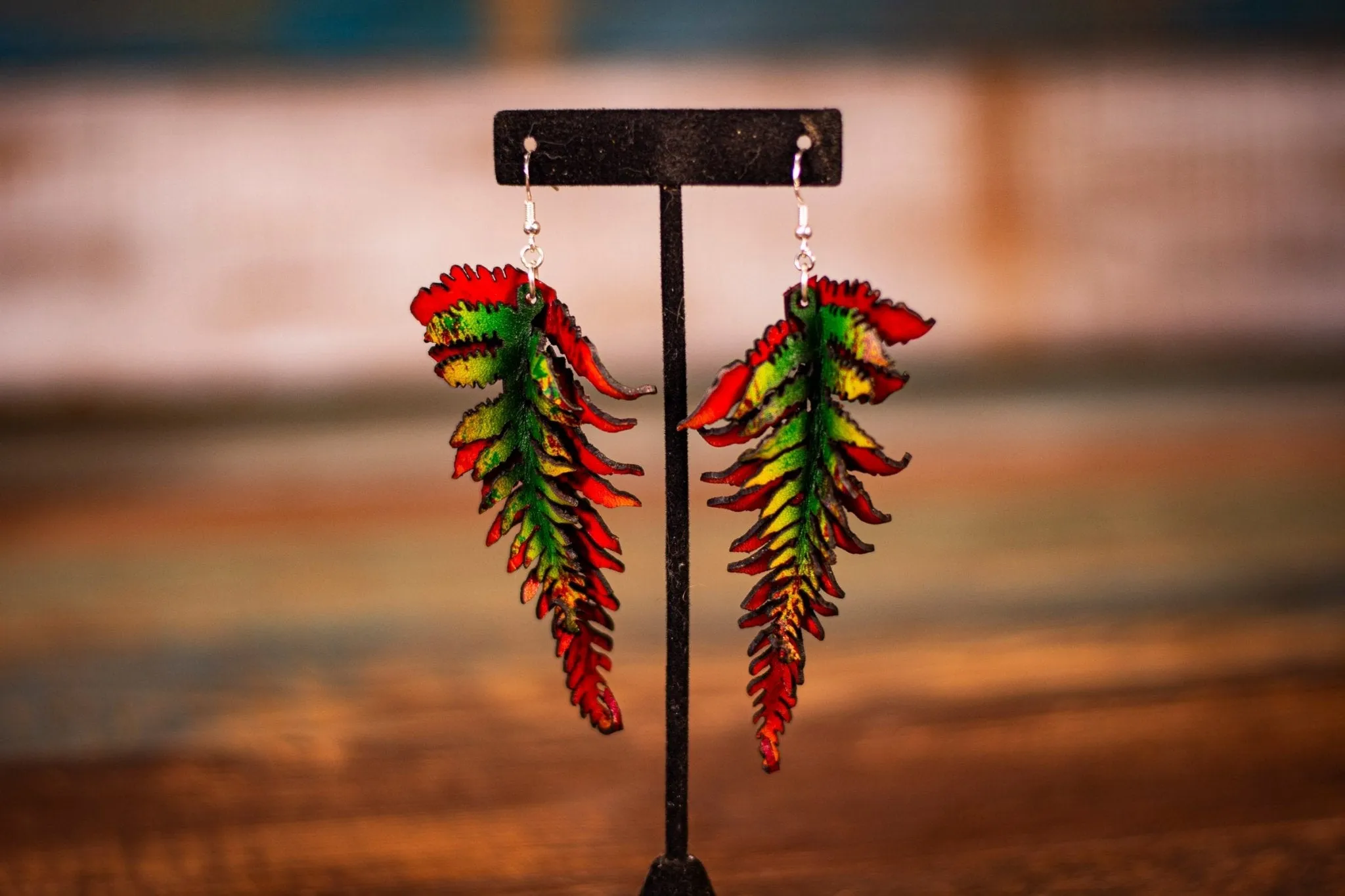 Fern Leather Earrings- Large Fall Tones