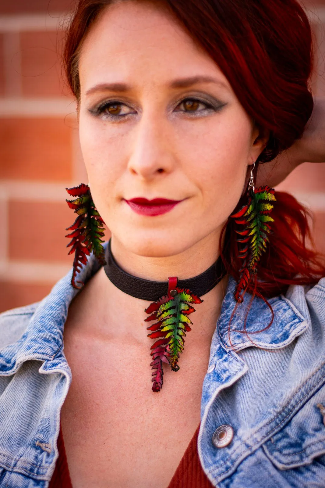 Fern Leather Earrings- Large Fall Tones