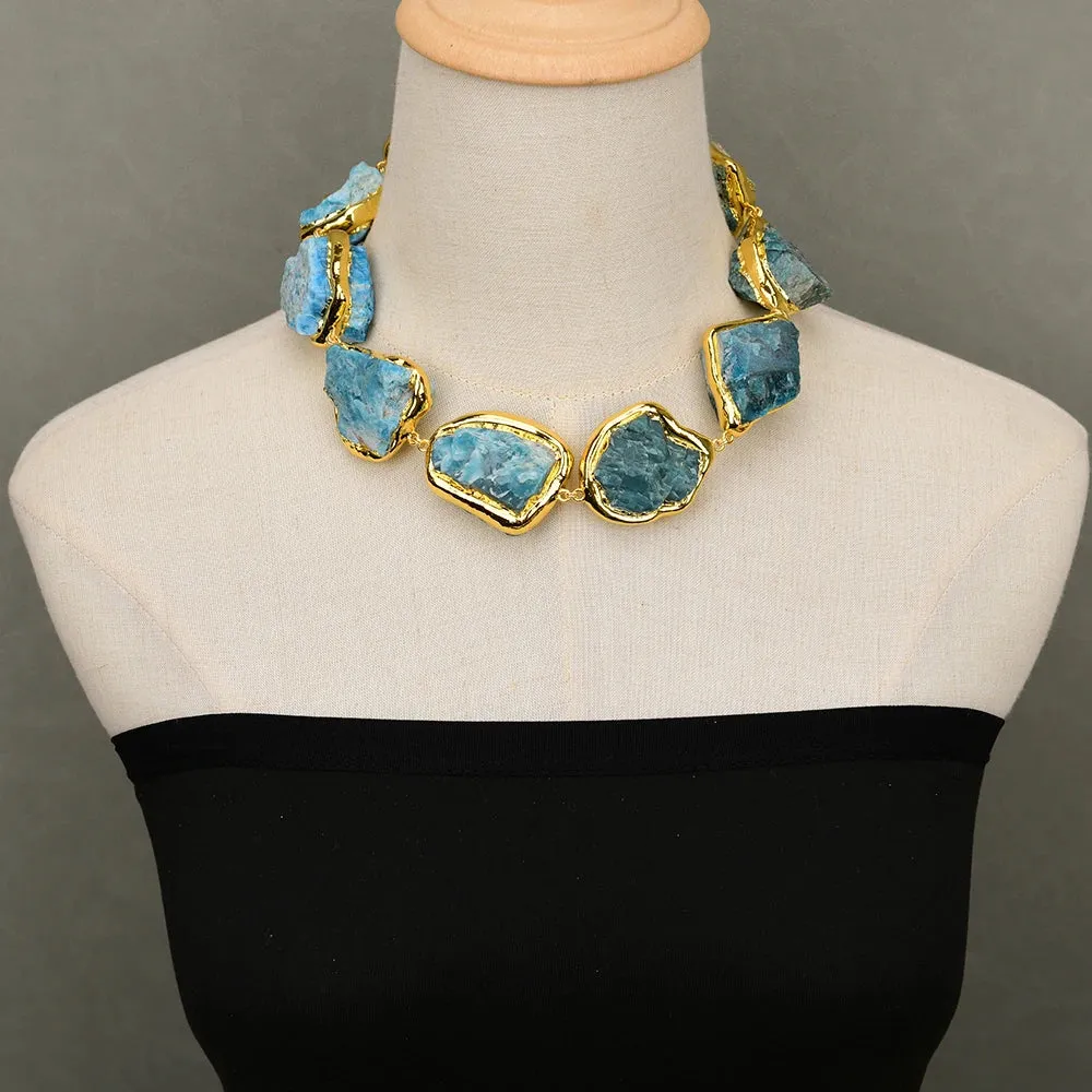 GG 18" Natural Blue Apatite Stone Gold Plated Edge Gems Chokers