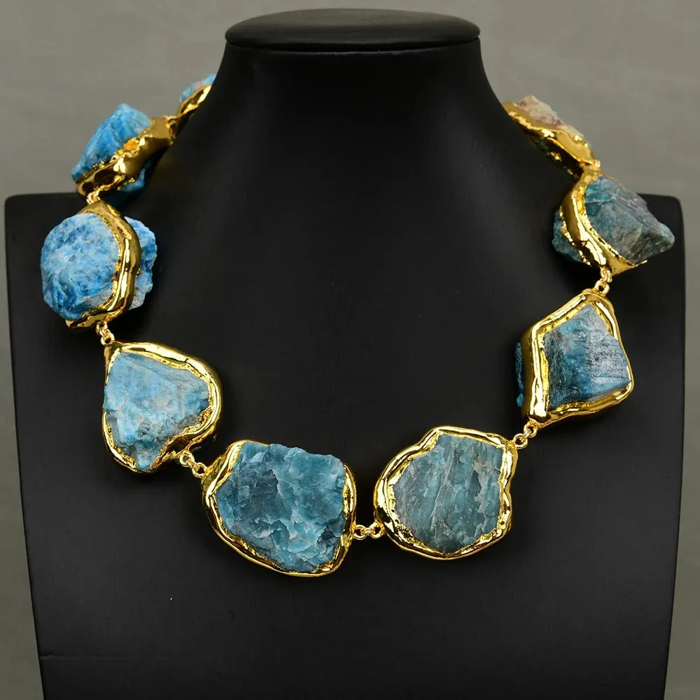 GG 18" Natural Blue Apatite Stone Gold Plated Edge Gems Chokers