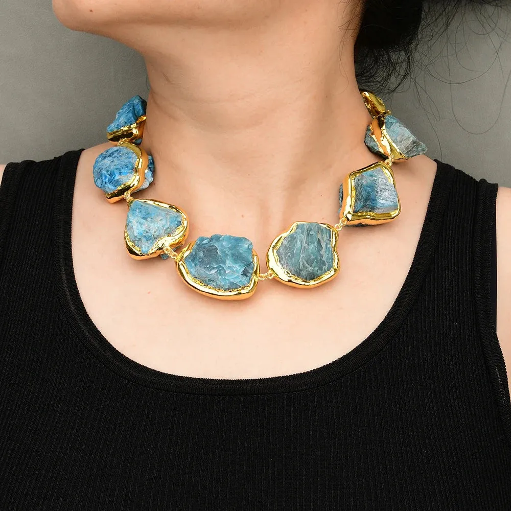GG 18" Natural Blue Apatite Stone Gold Plated Edge Gems Chokers