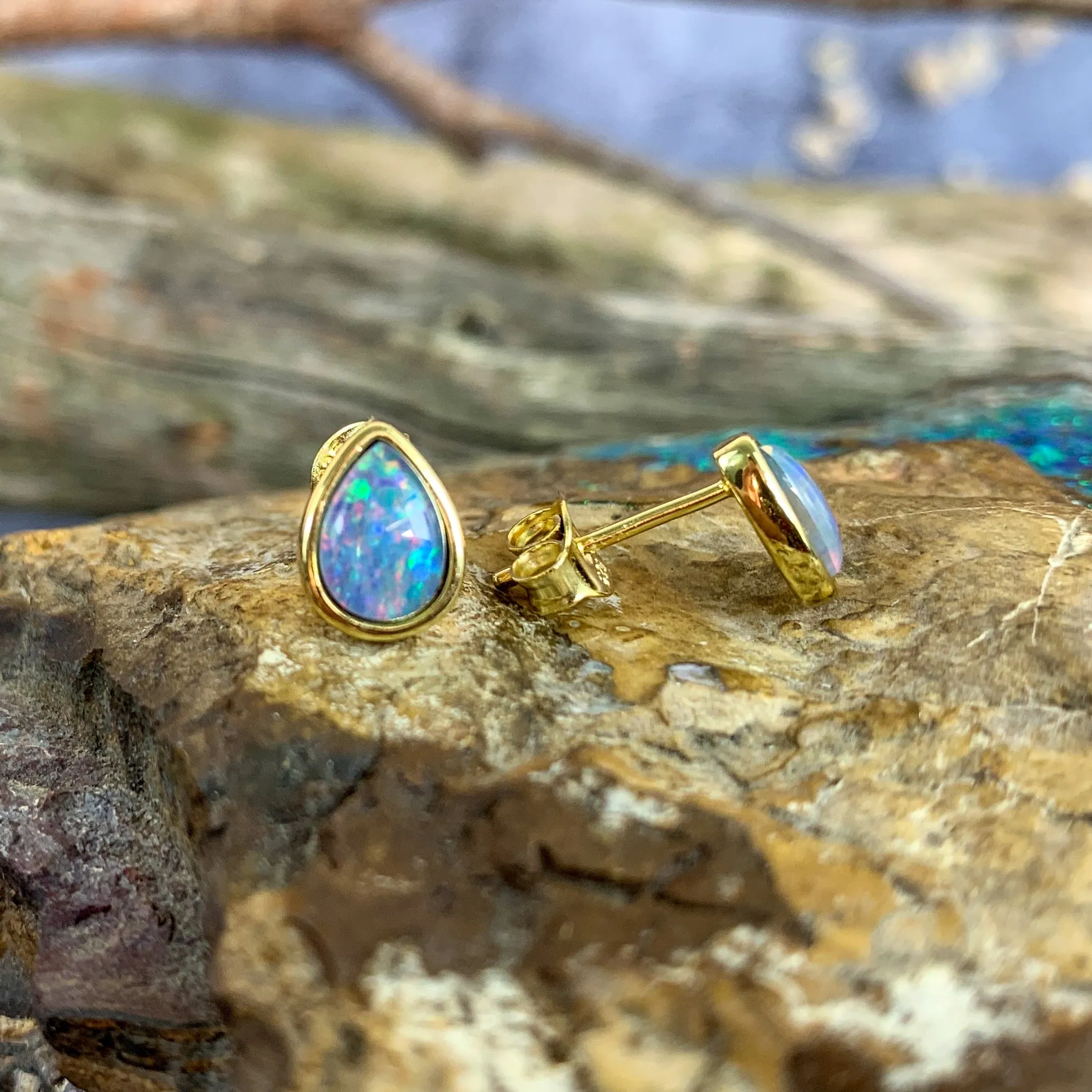 Gold plated Silver pair of earrings teardrop 8x5mm Opal triplet studs