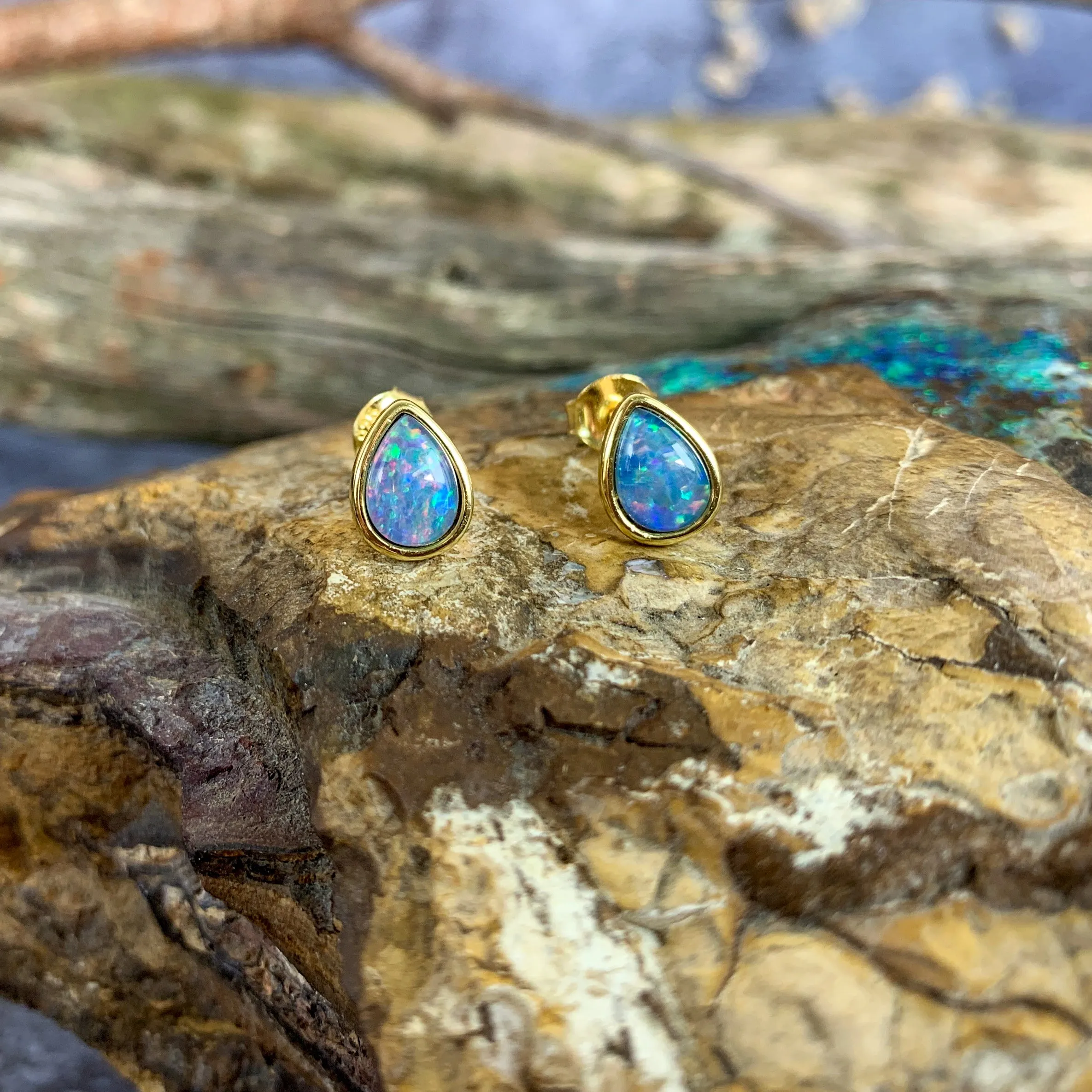 Gold plated Silver pair of earrings teardrop 8x5mm Opal triplet studs