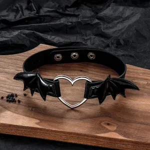 Gothic Heart Bat Wings Alloy PU Leather Choker Necklace