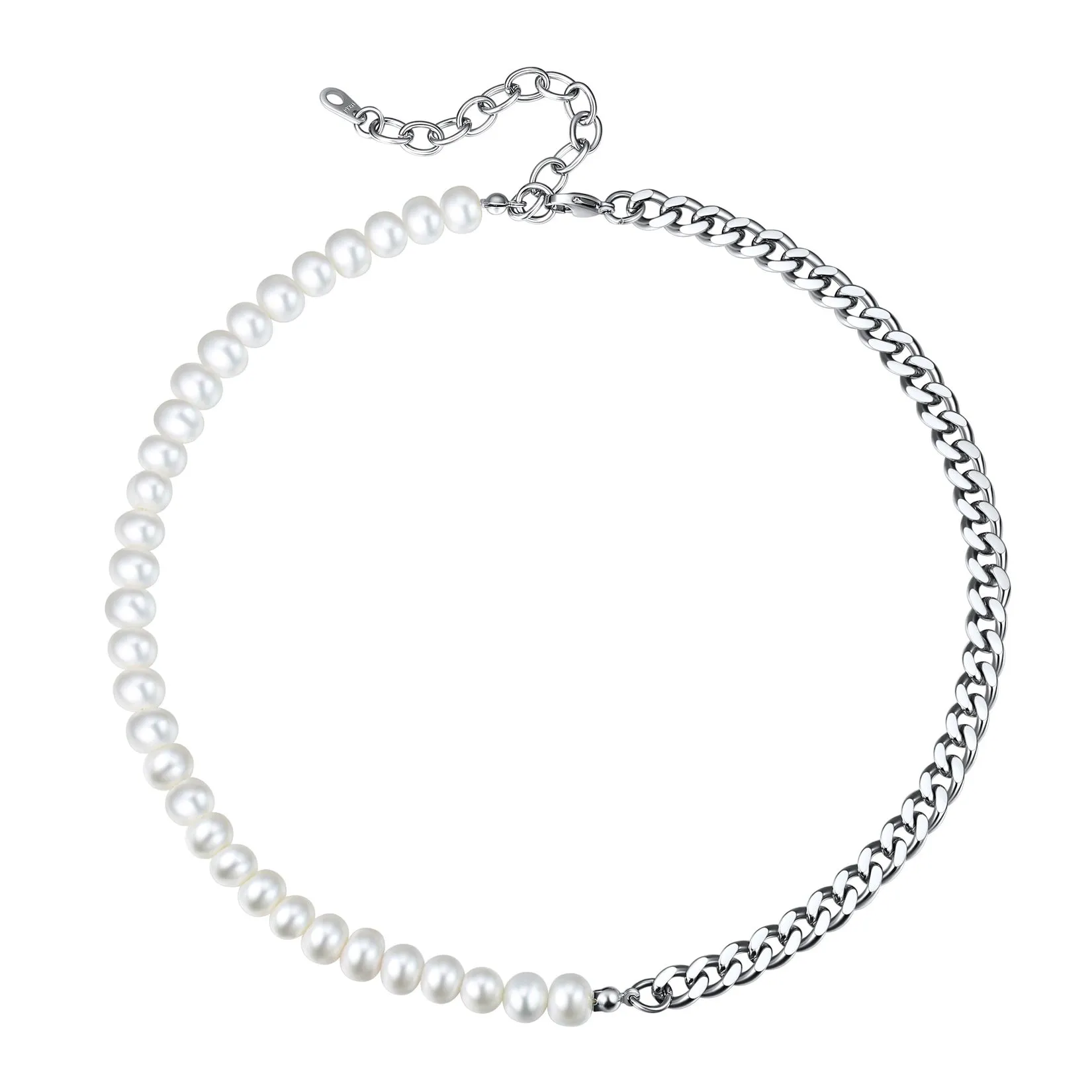Half 8MM White Pearl and Half 7MM Cuban Link Chain Choker Necklace