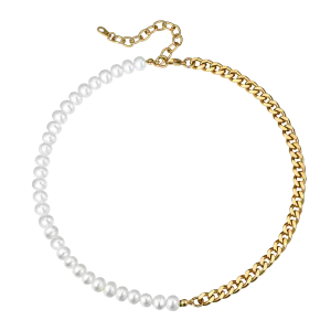 Half 8MM White Pearl and Half 7MM Cuban Link Chain Choker Necklace