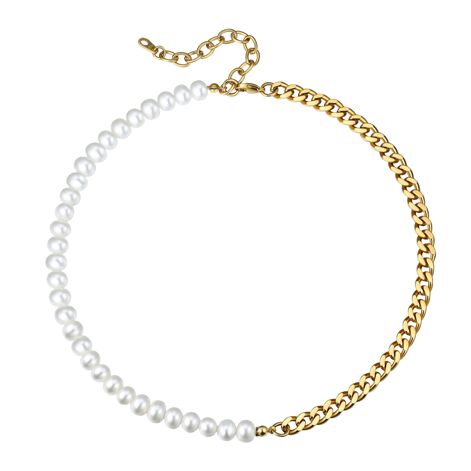 Half 8MM White Pearl and Half 7MM Cuban Link Chain Choker Necklace