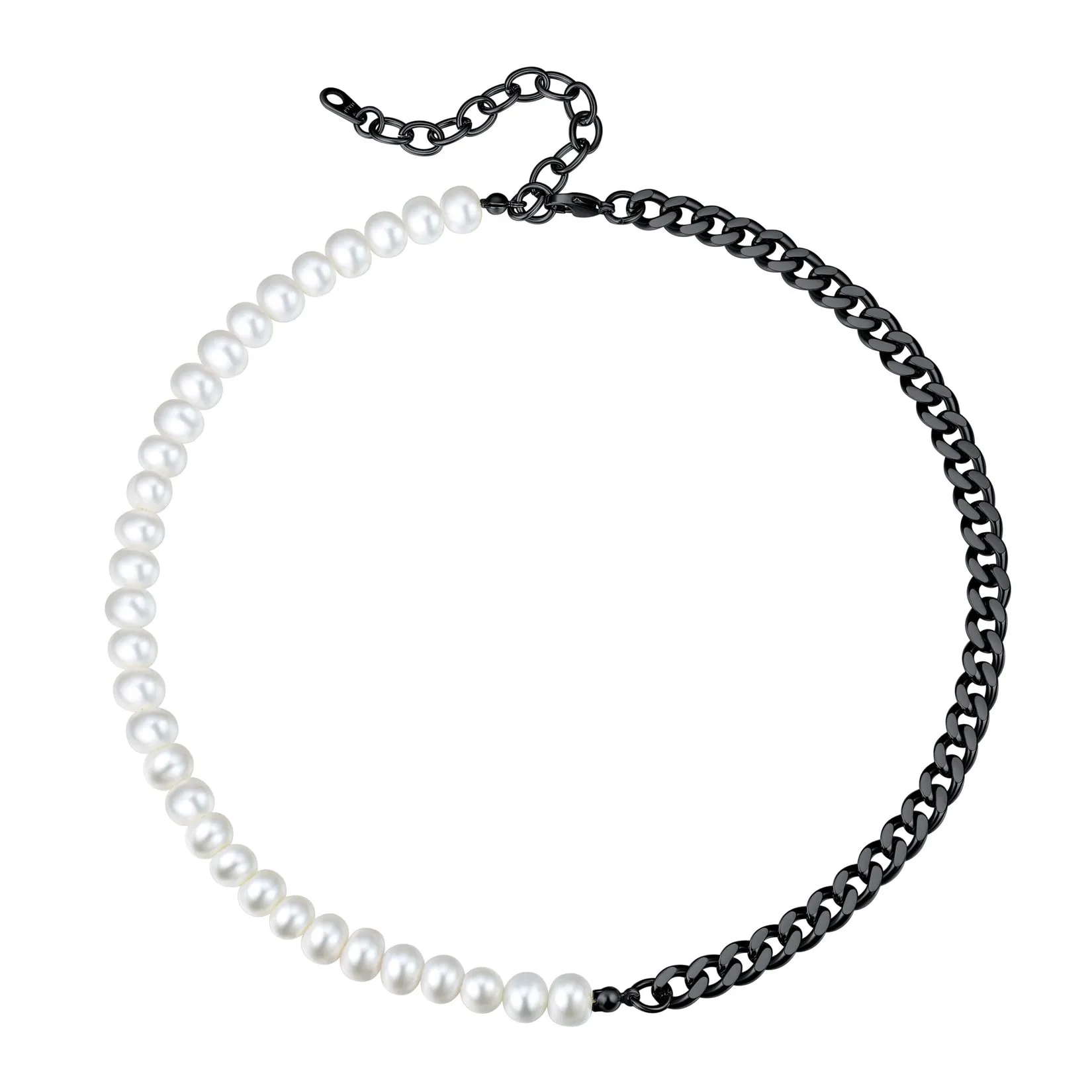 Half 8MM White Pearl and Half 7MM Cuban Link Chain Choker Necklace