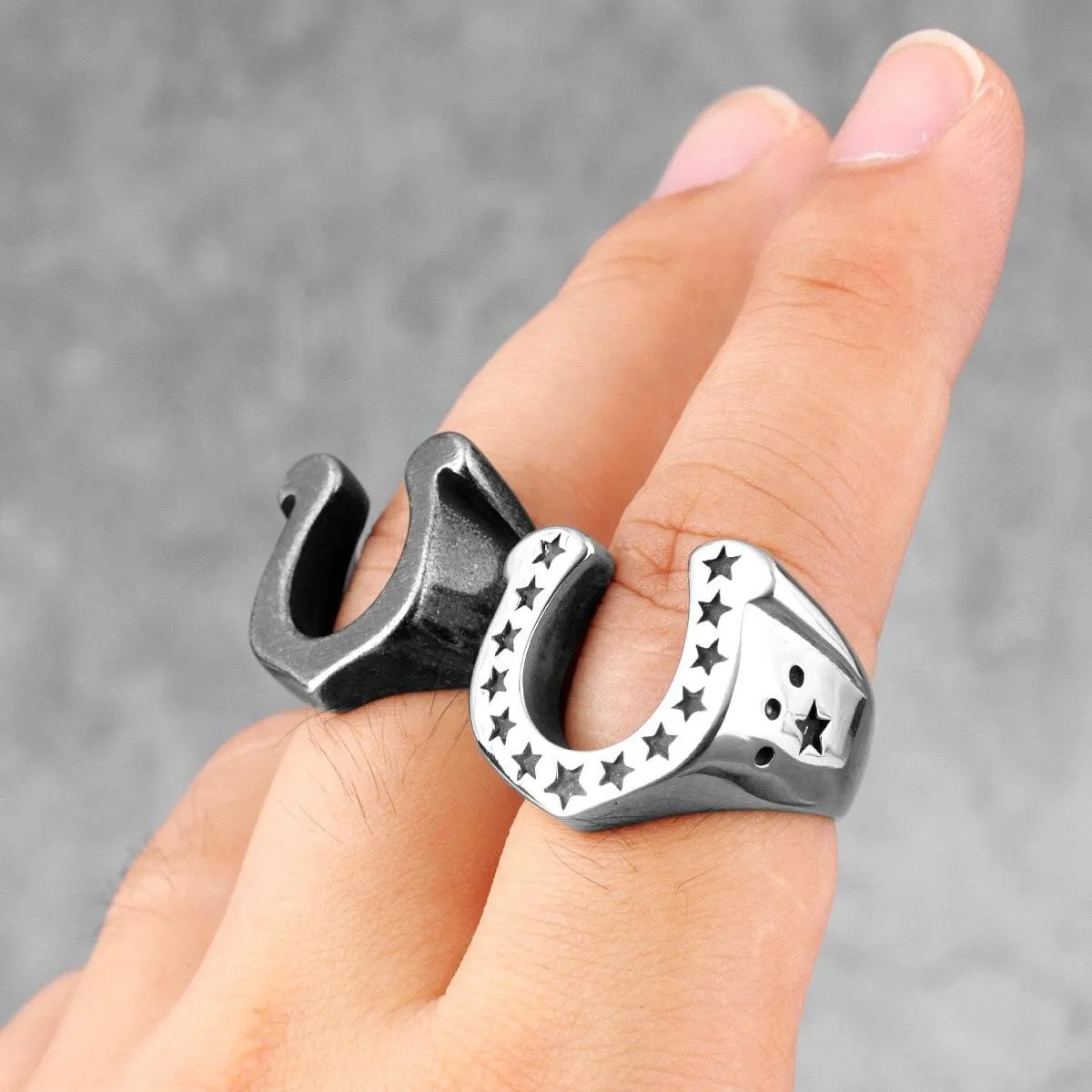 Horseshoe U-shaped Star Black Stainless Steel Men's Ring
