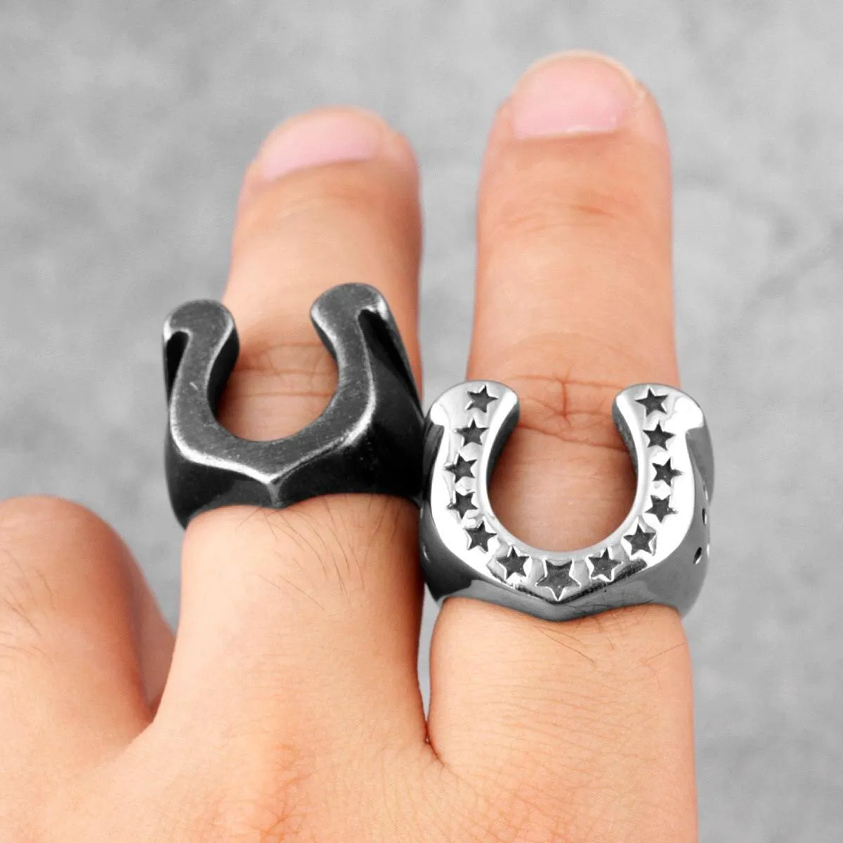Horseshoe U-shaped Star Black Stainless Steel Men's Ring