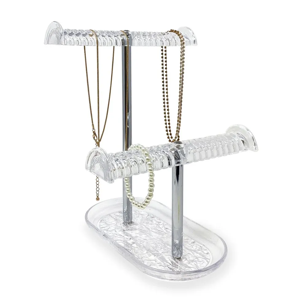 Isaac Jacobs 2-Tier Clear Acrylic Necklace & Bracelet Holder (10.25” H & 5.25” H), Double T-Bar Hanging Chain Organizer, Sleek & Sturdy Jewelry Stand & Tray for Rings, Bedroom, Bathroom