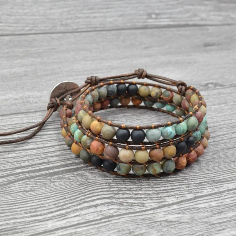 Jewelry Bracelets 6MM Matte Stone Wrap Leather Bracelets
