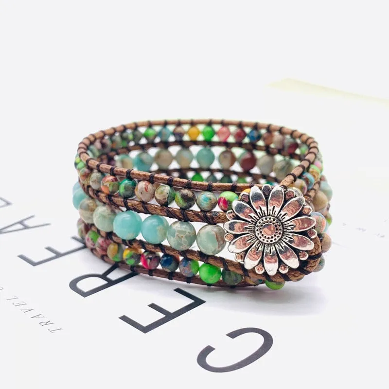 Jewelry Bracelets 6MM Matte Stone Wrap Leather Bracelets
