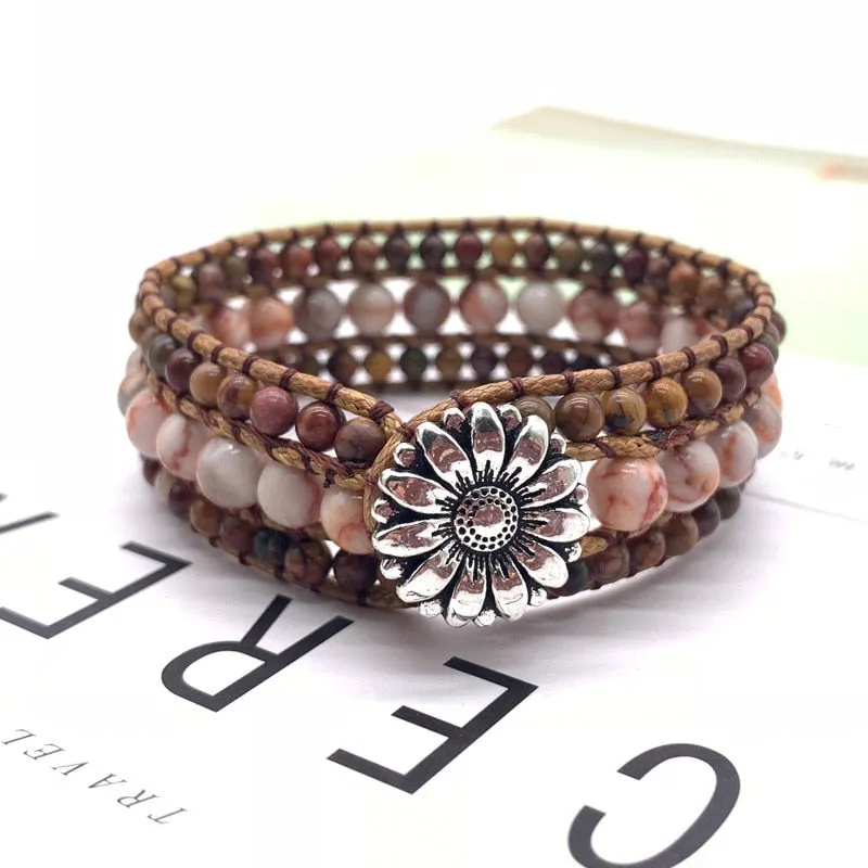 Jewelry Bracelets 6MM Matte Stone Wrap Leather Bracelets
