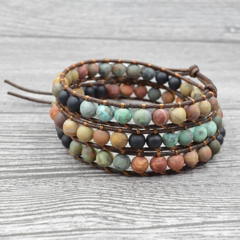 Jewelry Bracelets 6MM Matte Stone Wrap Leather Bracelets