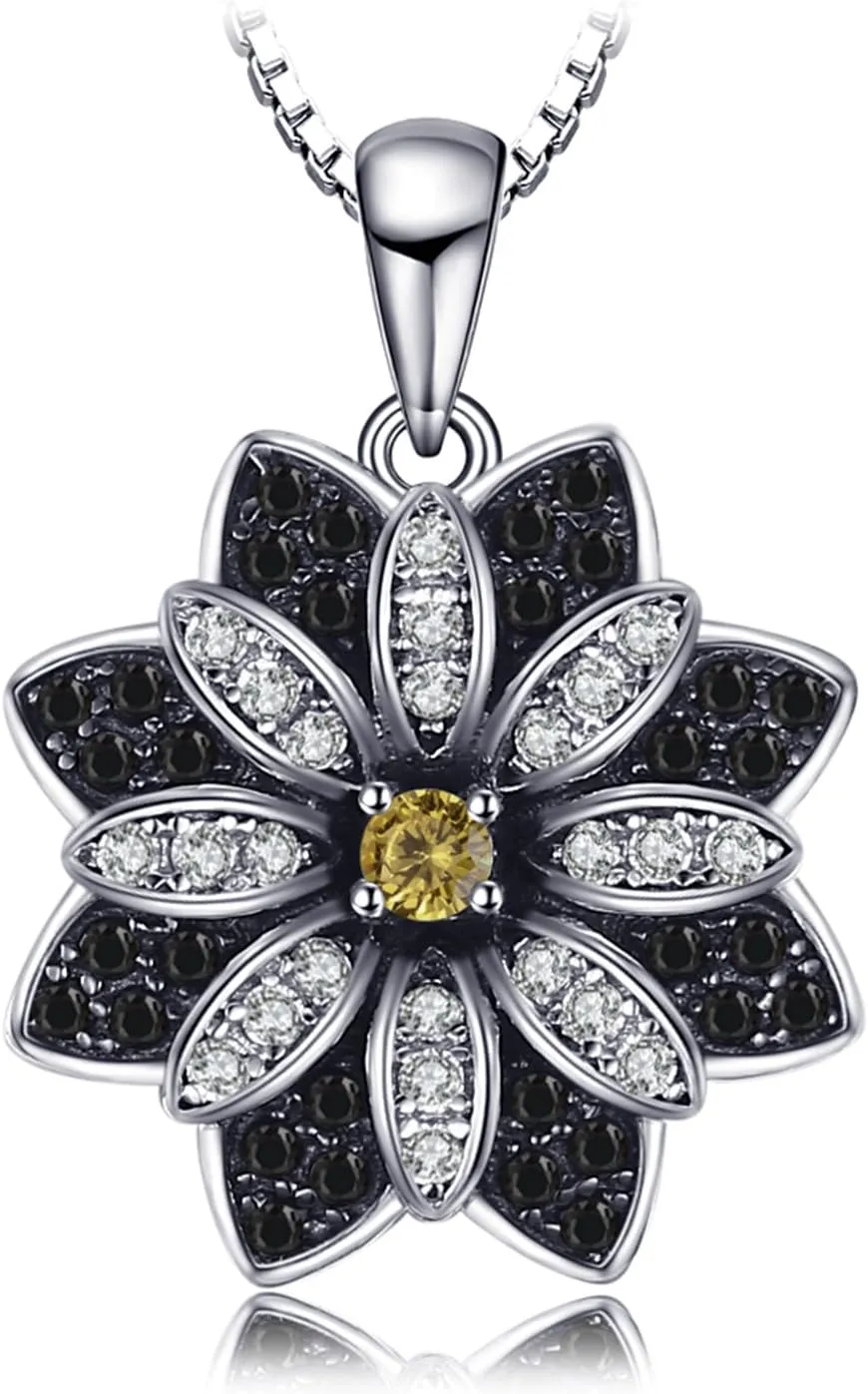 JewelryPalace Daisy Sunflower Genuine Smoky Quartz Black Spinel Pendant Necklace for Women, Flower 14K White Gold Plated 925 Sterling Silver Necklace, Natural Gemstone Jewelry Sets 18 Inches Chain