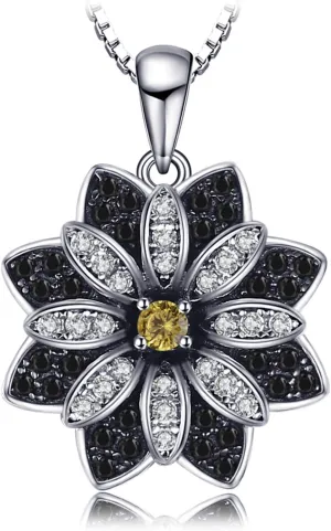 JewelryPalace Daisy Sunflower Genuine Smoky Quartz Black Spinel Pendant Necklace for Women, Flower 14K White Gold Plated 925 Sterling Silver Necklace, Natural Gemstone Jewelry Sets 18 Inches Chain