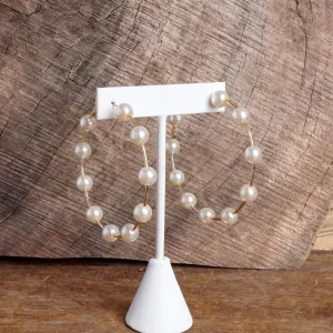 Large Golden Hoop Earrings with Pearls  2.5" Drop