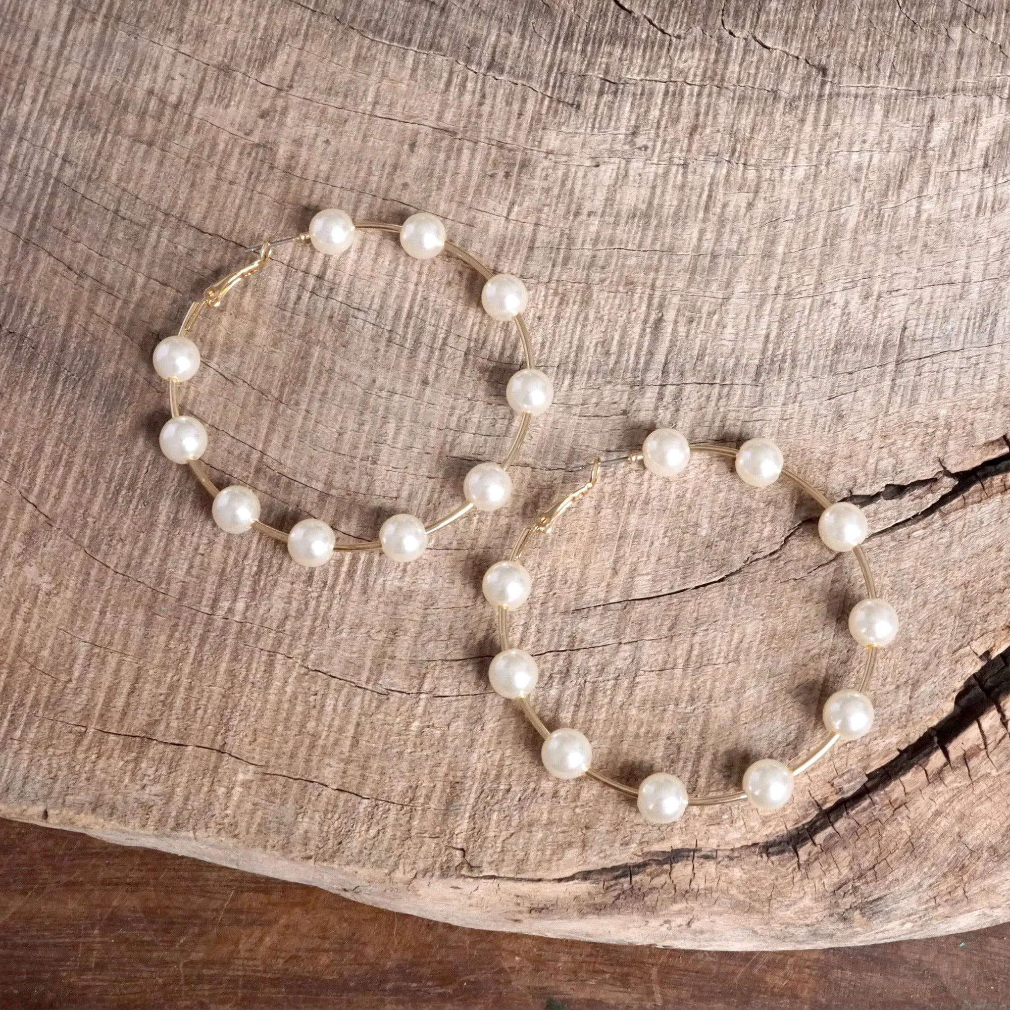 Large Golden Hoop Earrings with Pearls  2.5" Drop