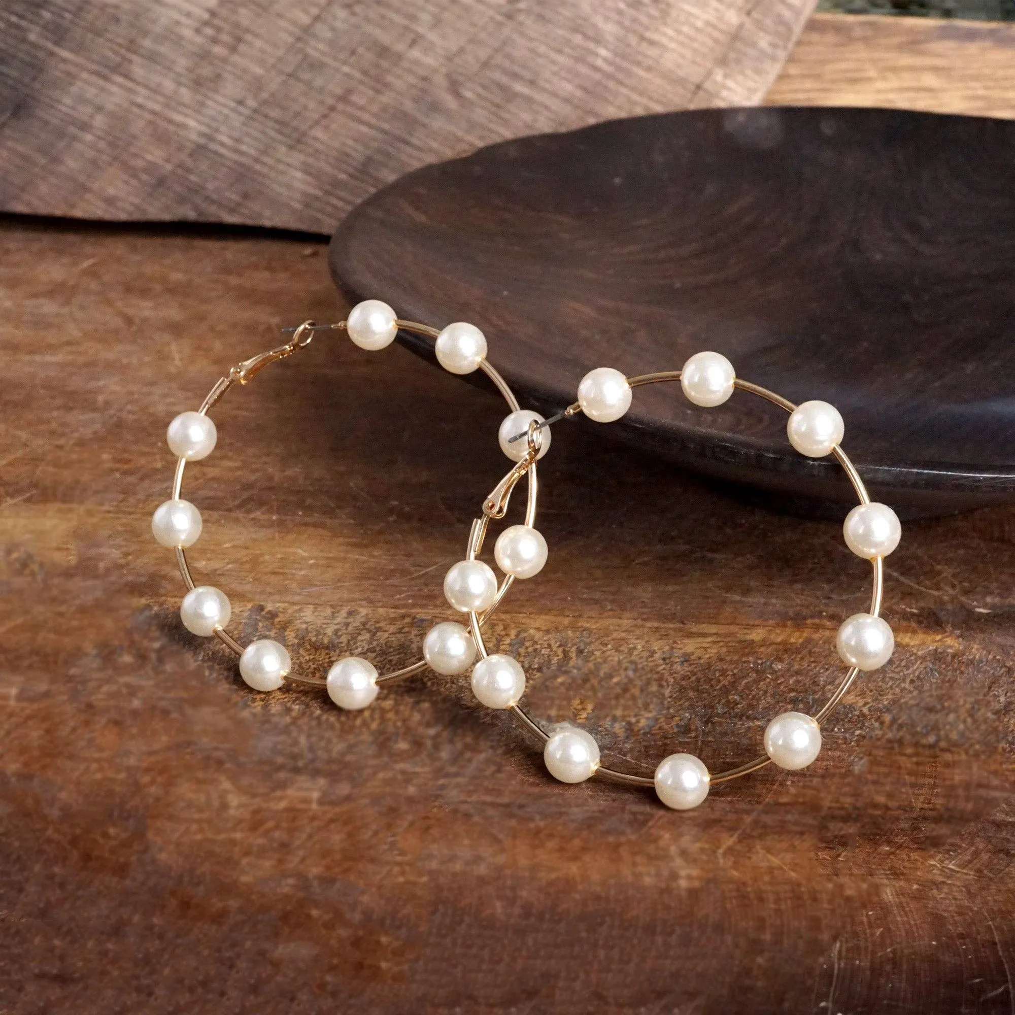 Large Golden Hoop Earrings with Pearls  2.5" Drop