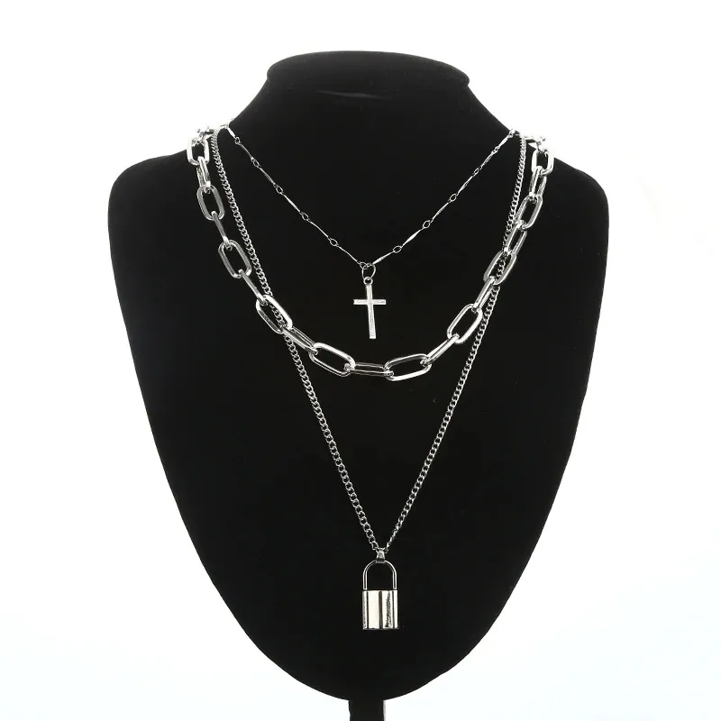 Layered Chain Necklace for Women Men in Punk style / Fashion Cross Pendants / Aesthetic Jewelry