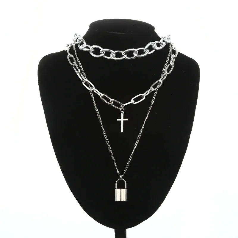 Layered Chain Necklace for Women Men in Punk style / Fashion Cross Pendants / Aesthetic Jewelry