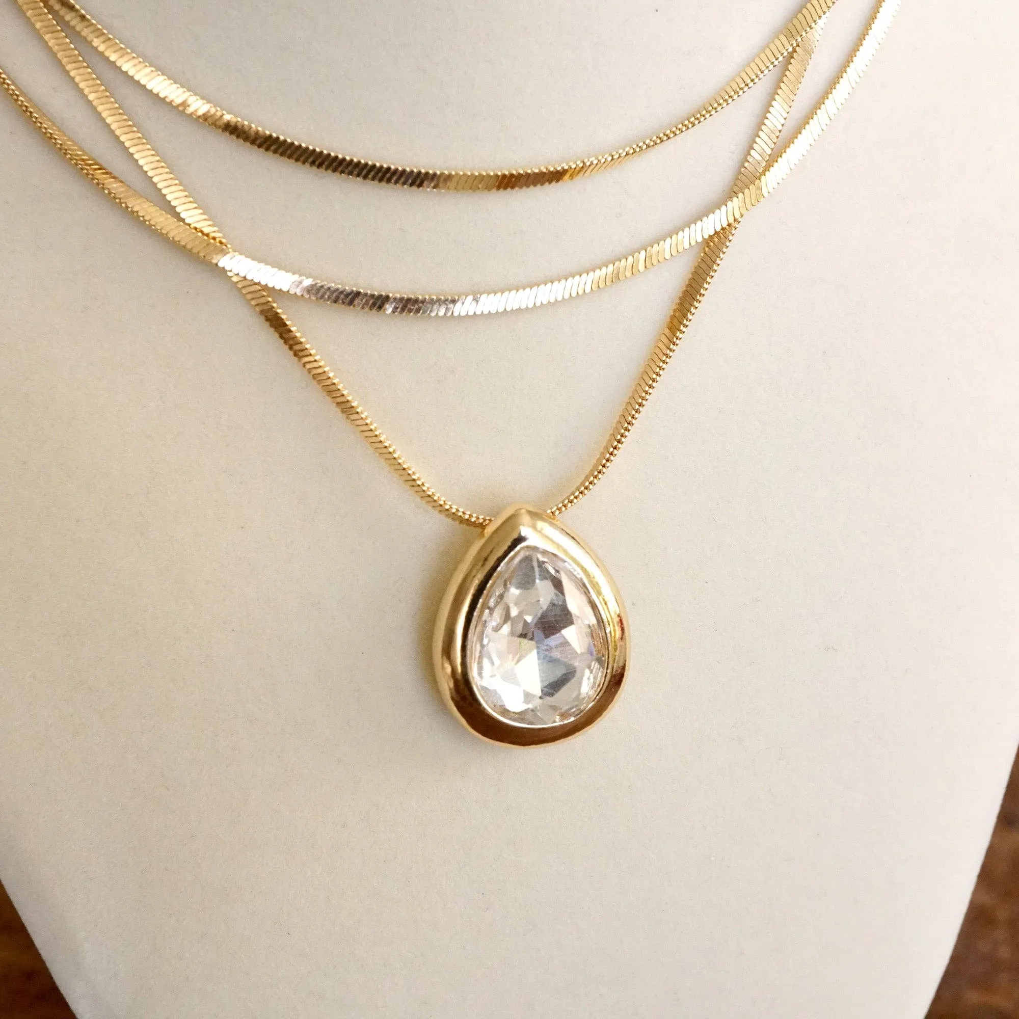Layered Gold Chain Statement Necklace with Teardrop Crystal Pendant
