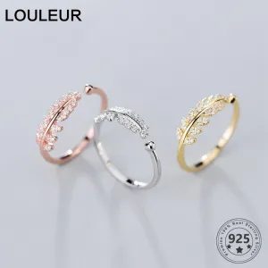 LouLeur Sterling 925 Silver Finger Rings Sweet Full Diamond Leaves