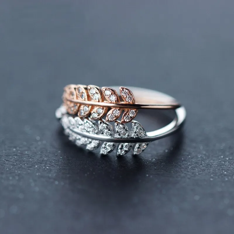 LouLeur Sterling 925 Silver Finger Rings Sweet Full Diamond Leaves