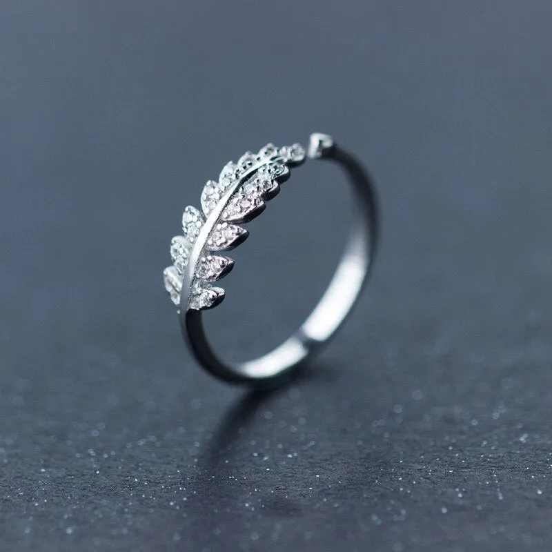 LouLeur Sterling 925 Silver Finger Rings Sweet Full Diamond Leaves