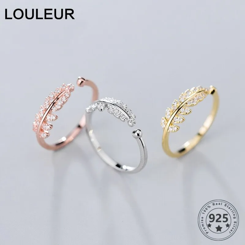 LouLeur Sterling 925 Silver Finger Rings Sweet Full Diamond Leaves