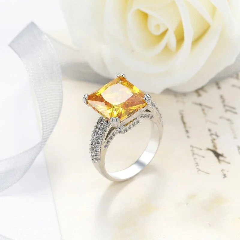 Luxury Princess Cut AAAAA Yellow big CZ Ring