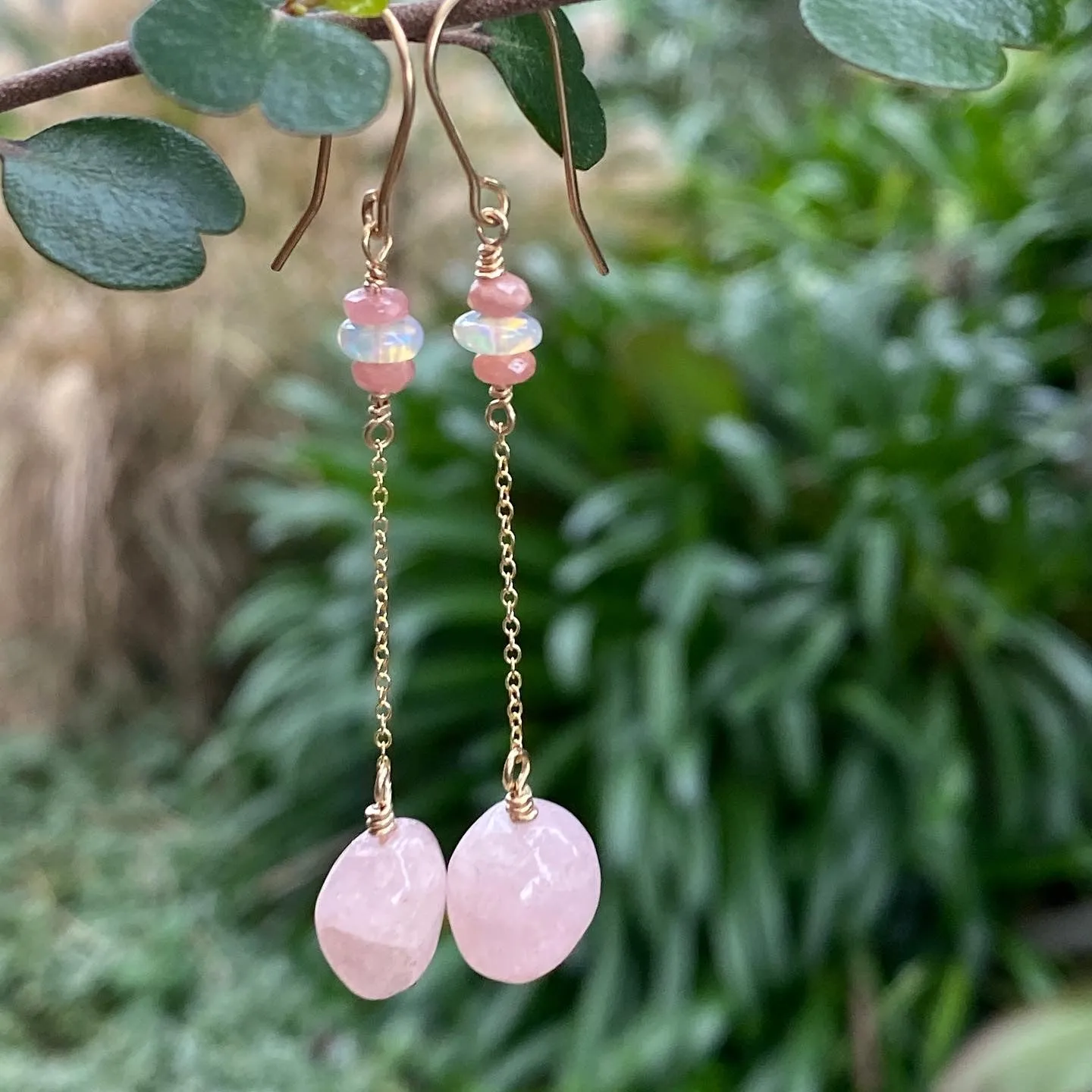 Morganite, Rhodochrosite & Welo Opal Drop/Dangle on Gold Filled Chain 'Threader' Style