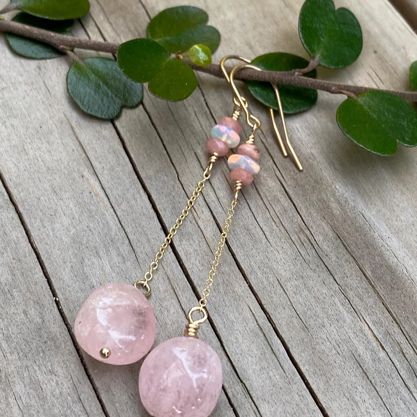 Morganite, Rhodochrosite & Welo Opal Drop/Dangle on Gold Filled Chain 'Threader' Style