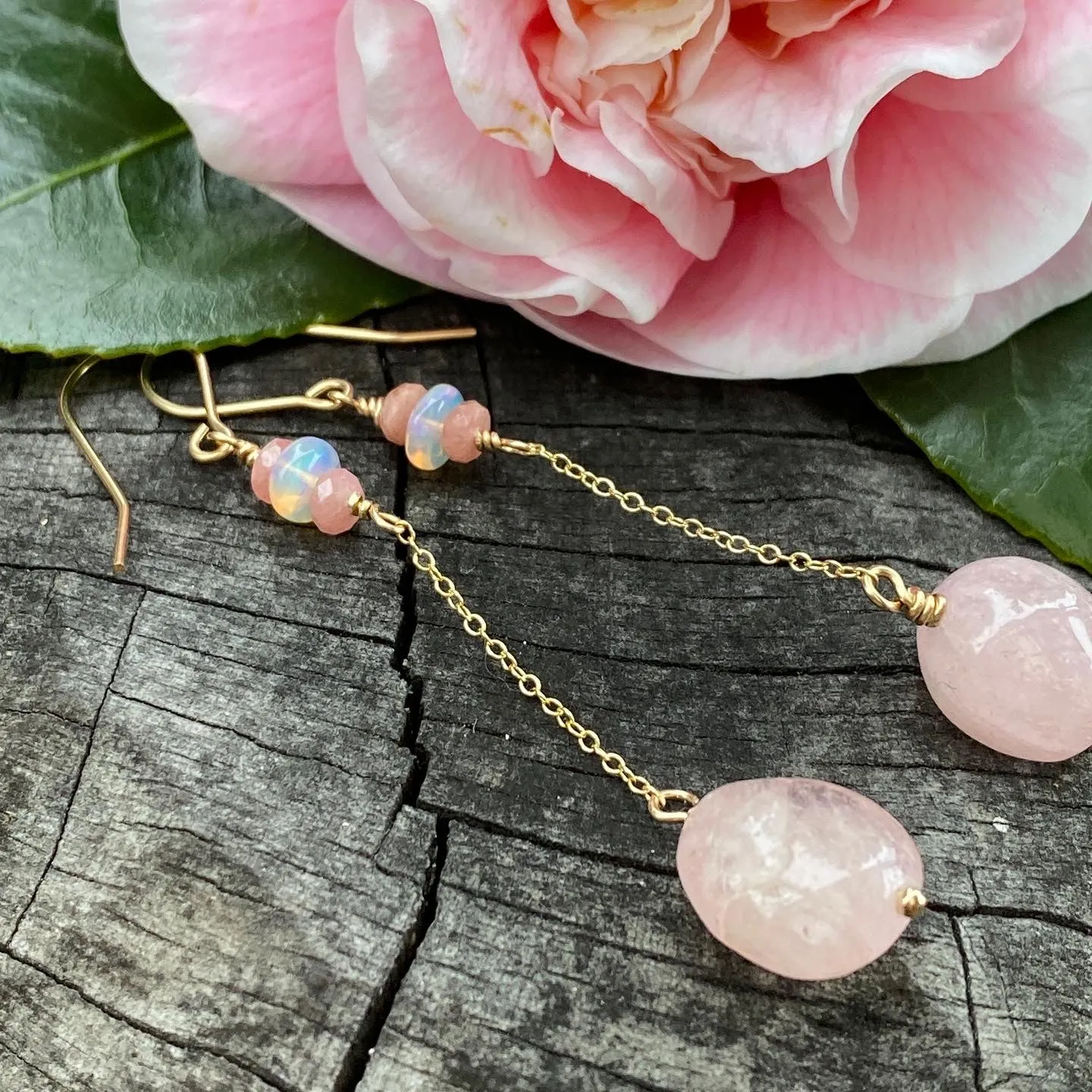 Morganite, Rhodochrosite & Welo Opal Drop/Dangle on Gold Filled Chain 'Threader' Style